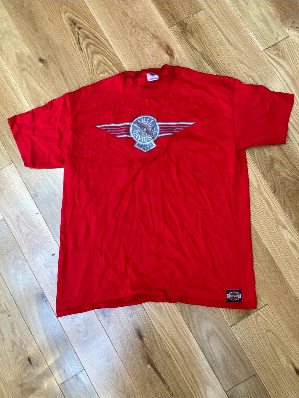 Vintage 90s Harley-Davidson Red Short Sleeve Tee with Winged Chest Logo